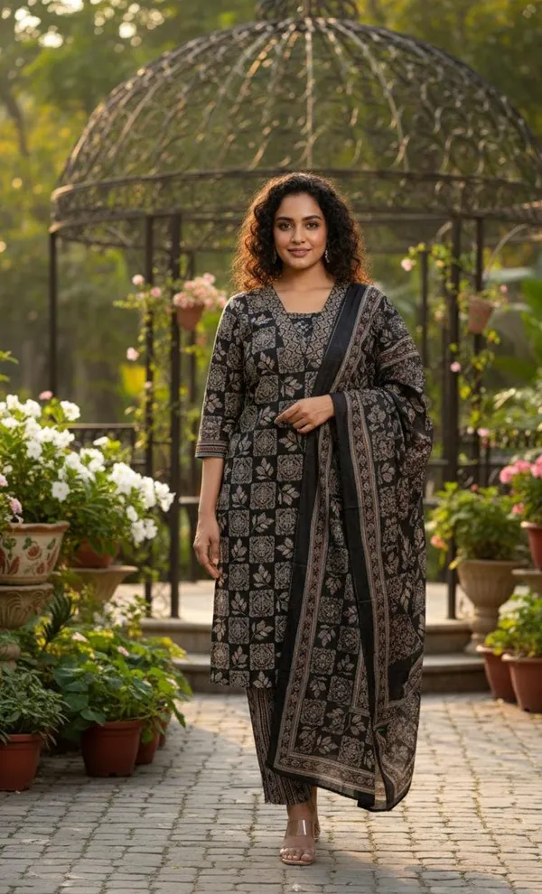 Black__Elegant_Floral_Printed_Cotton_Kurta_Set_With_Dupatta