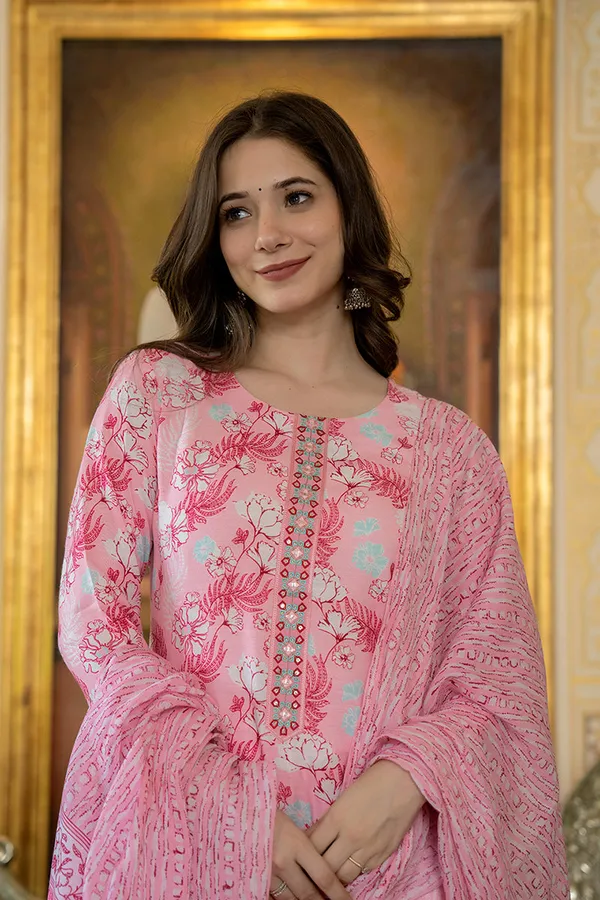Pink_Floral_Printed_Rayon_Kurta_Pant_with_Dupatta,_3pc_set