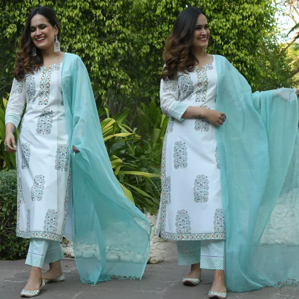 White_&_Green_Rayon_Premium_&_Elegant_Kurta_&_Pant_Set_With_Dupatta_For_Women_&_Girls