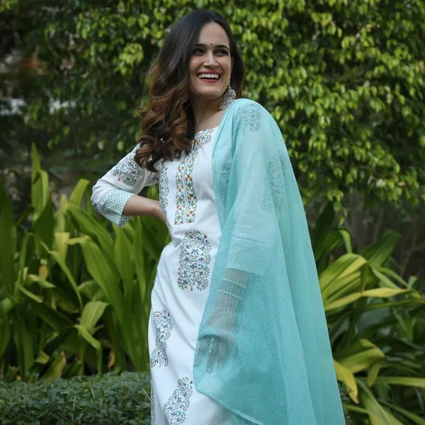 White_&_Green_Rayon_Premium_&_Elegant_Kurta_&_Pant_Set_With_Dupatta_For_Women_&_Girls