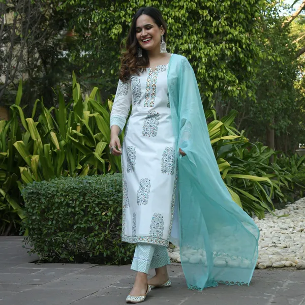 White_&_Green_Rayon_Premium_&_Elegant_Kurta_&_Pant_Set_With_Dupatta_For_Women_&_Girls