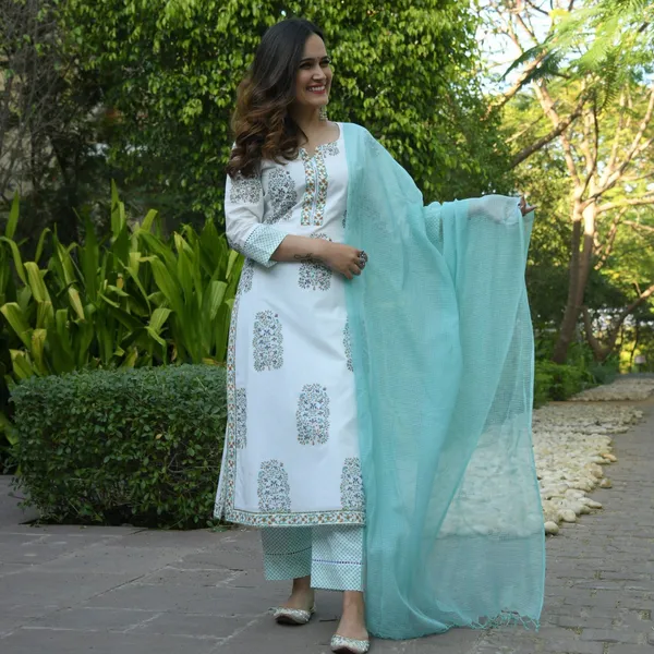 White_&_Green_Rayon_Premium_&_Elegant_Kurta_&_Pant_Set_With_Dupatta_For_Women_&_Girls