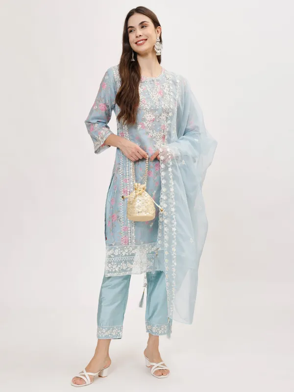 Blue_Organza_Premium_&_Elegant_Kurta_&_Pant_Set_With_Dupatta_For_Women_&_Girls