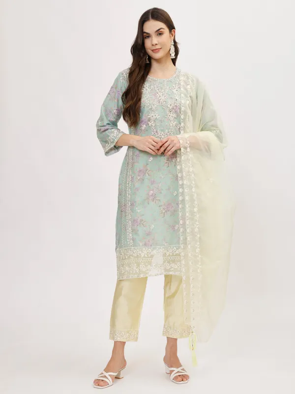Turquoise_Organza_Premium_&_Elegant_Kurta_&_Pant_Set_With_Dupatta_For_Women_&_Girls