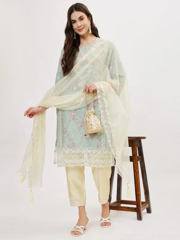 Turquoise_Organza_Premium_&_Elegant_Kurta_&_Pant_Set_With_Dupatta_For_Women_&_Girls
