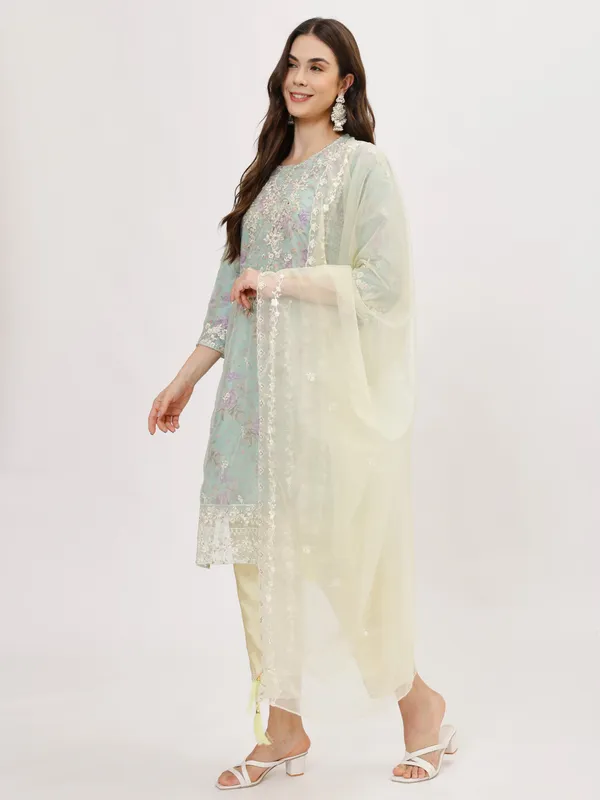 Turquoise_Organza_Premium_&_Elegant_Kurta_&_Pant_Set_With_Dupatta_For_Women_&_Girls