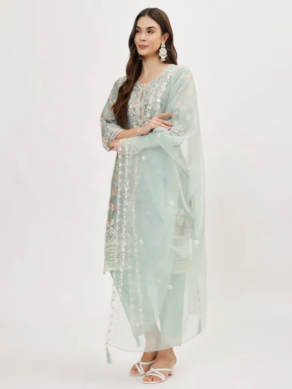 Mint_&_Orange_Organza_Premium_&_Elegant_Kurta_&_Pant_Set_With_Dupatta_For_Women_&_Girls