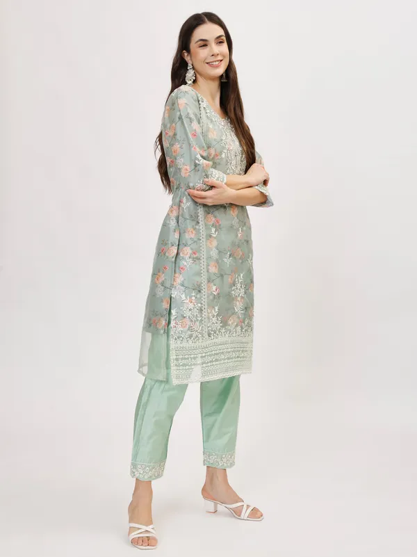 Mint_&_Orange_Organza_Premium_&_Elegant_Kurta_&_Pant_Set_With_Dupatta_For_Women_&_Girls