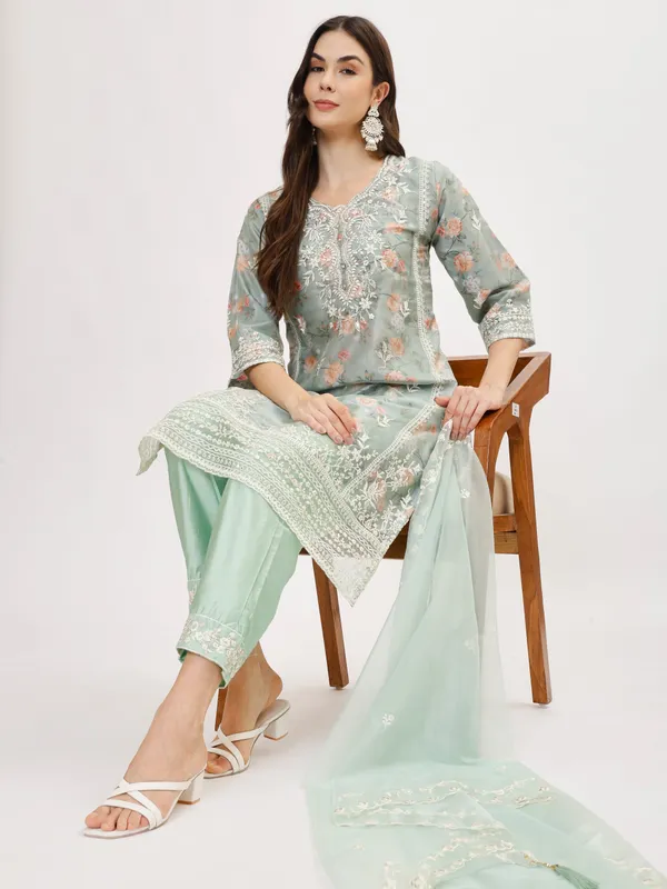 Mint_&_Orange_Organza_Premium_&_Elegant_Kurta_&_Pant_Set_With_Dupatta_For_Women_&_Girls