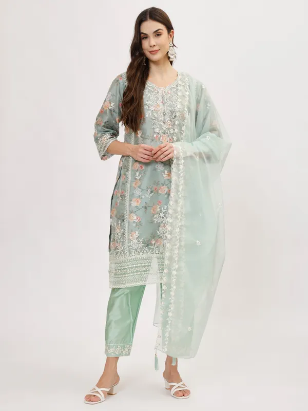 Mint_&_Orange_Organza_Premium_&_Elegant_Kurta_&_Pant_Set_With_Dupatta_For_Women_&_Girls