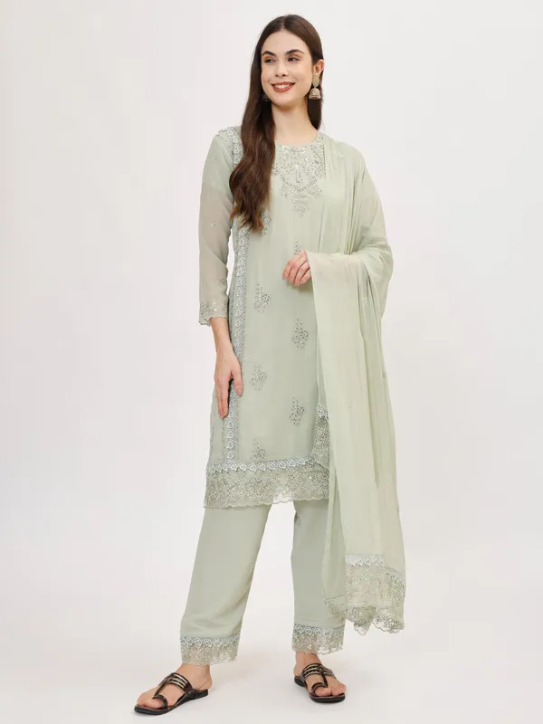 Green_Cotton_Premium_&_Elegant_Kurta_&_Pant_Set_With_Dupatta_For_Women_&_Girls