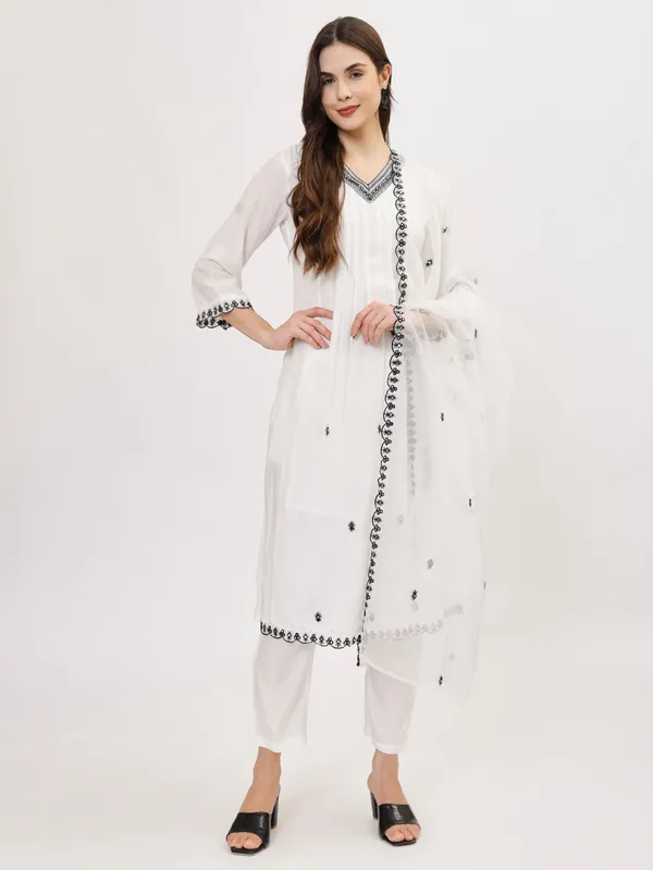 White_Cotton_Premium_&_Elegant_Kurta_&_Pant_Set_With_Dupatta_For_Women_&_Girls