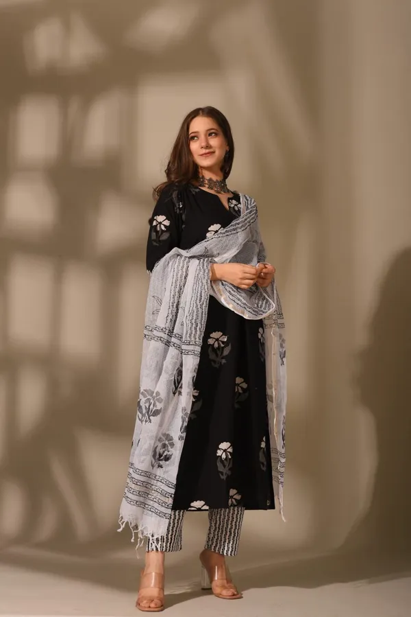 Black_Cotton_Premium_&_Elegant_Kurta_&_Pant_Set_With_Dupatta_For_Women_&_Girls