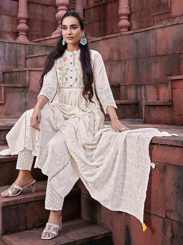 White_Cotton_Premium_&_Elegant_Kurta_,_Dupatta_Pant_For_Women_&_Girls
