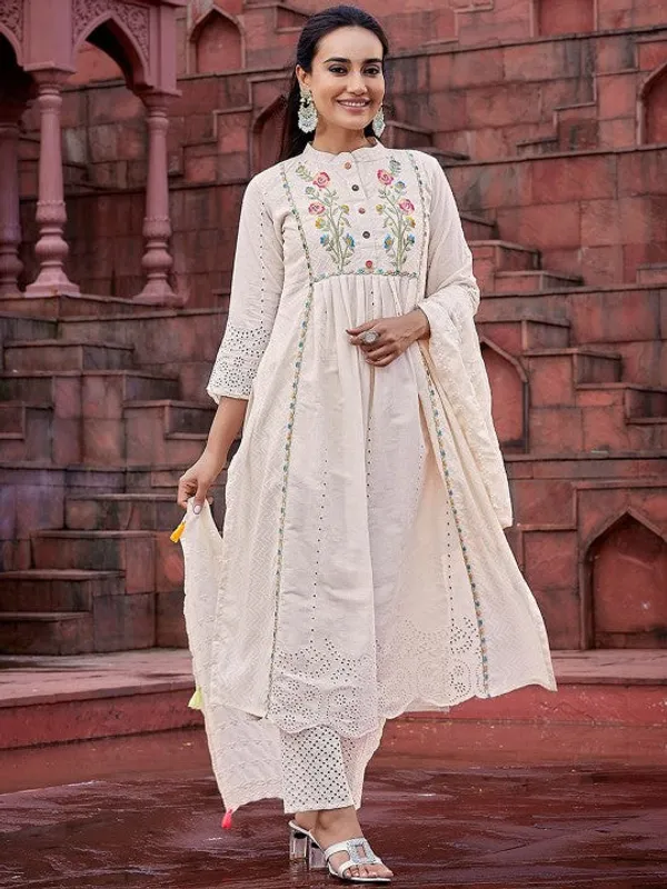 White_Cotton_Premium_&_Elegant_Kurta_,_Dupatta_Pant_For_Women_&_Girls