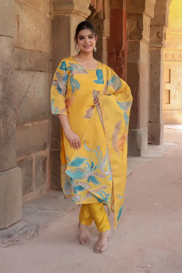 Yellow_Silk_Premium_&_Elegant_Kurta_&_Pant_Set_With_Dupatta_For_Women_&_Girls