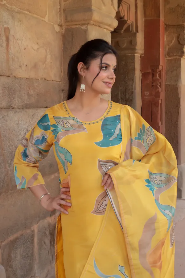 Yellow_Silk_Premium_&_Elegant_Kurta_&_Pant_Set_With_Dupatta_For_Women_&_Girls