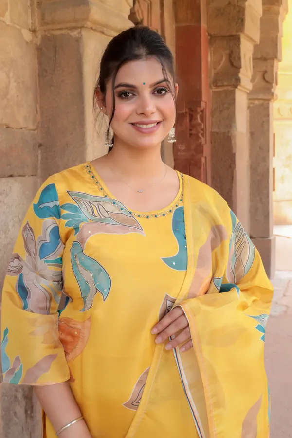 Yellow_Silk_Premium_&_Elegant_Kurta_&_Pant_Set_With_Dupatta_For_Women_&_Girls