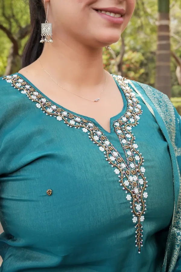 Teal_Blue_Cotton_Premium_&_Elegant_Kurta_&_Pant_Set_With_Dupatta_For_Women_&_Girls