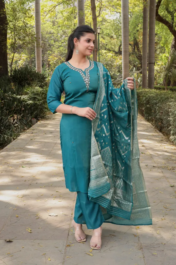 Teal_Blue_Cotton_Premium_&_Elegant_Kurta_&_Pant_Set_With_Dupatta_For_Women_&_Girls