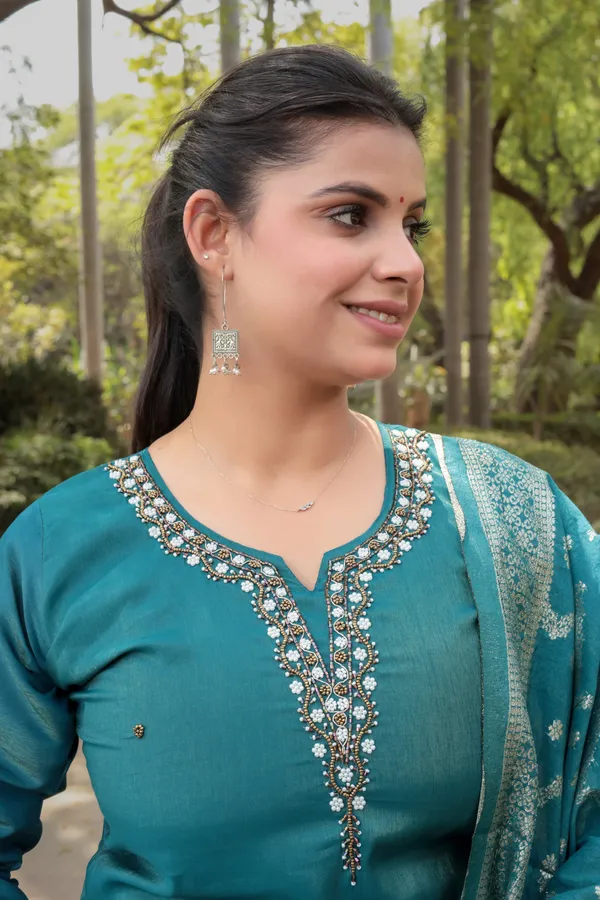 Teal_Blue_Cotton_Premium_&_Elegant_Kurta_&_Pant_Set_With_Dupatta_For_Women_&_Girls