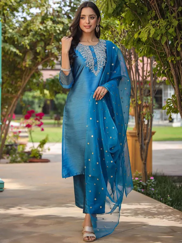 Blue_Cotton_Premium_&_Elegant_Kurta_,_Dupatta_Pant_For_Women_&_Girls