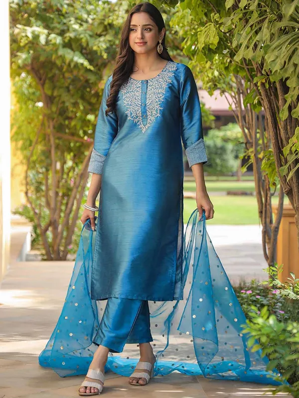 Blue_Cotton_Premium_&_Elegant_Kurta_,_Dupatta_Pant_For_Women_&_Girls