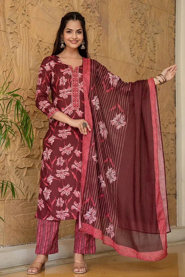 Maroon_Cotton_Premium_&_Elegant_Kurta_&_Pant_Set_With_Dupatta_For_Women_&_Girls