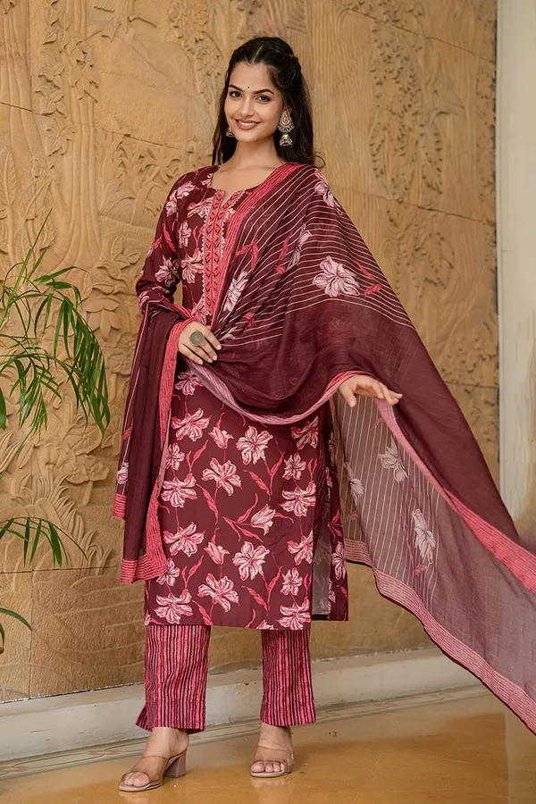 Maroon_Cotton_Premium_&_Elegant_Kurta_&_Pant_Set_With_Dupatta_For_Women_&_Girls
