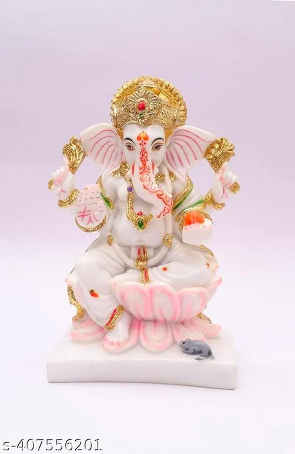 White_Premium_Marble_Finish_Lord_Ganesha_Idol_Sitting_On_Lotus_For_Home_Decor,_Pooja_Room_&_Diwali_Gift_|_Ganpati_Murti_For_Mandir_Decoration