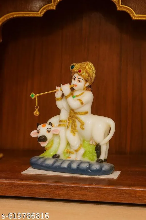White_Makhan_Chor_Krishna_With_Cow_Idol_|_Baby_Krishna_Murti_Playing_Flute_|_Decorative_Bal_Gopal_Statue_|_Resin_Handcrafted_Showpiece_Gift_Item_For_Pooja_Mandir_&_Home_Decor