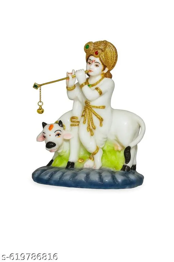 White_Makhan_Chor_Krishna_With_Cow_Idol_|_Baby_Krishna_Murti_Playing_Flute_|_Decorative_Bal_Gopal_Statue_|_Resin_Handcrafted_Showpiece_Gift_Item_For_Pooja_Mandir_&_Home_Decor