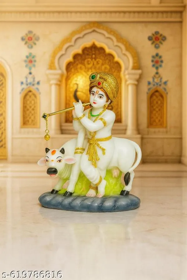 White_Makhan_Chor_Krishna_With_Cow_Idol_|_Baby_Krishna_Murti_Playing_Flute_|_Decorative_Bal_Gopal_Statue_|_Resin_Handcrafted_Showpiece_Gift_Item_For_Pooja_Mandir_&_Home_Decor