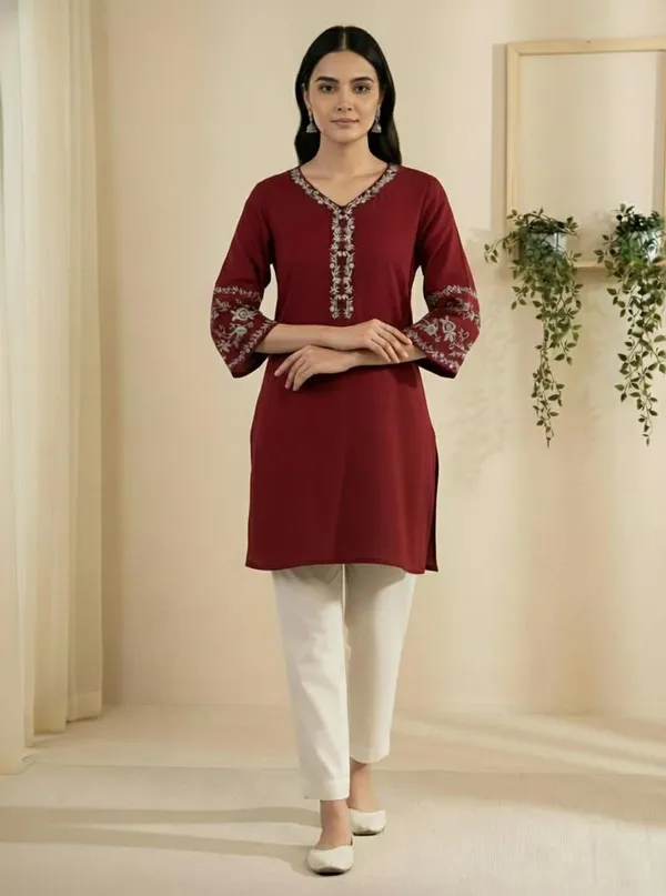 Mahira's_Comfort_Women_Embroidered_A-line_Kurta_Maroon