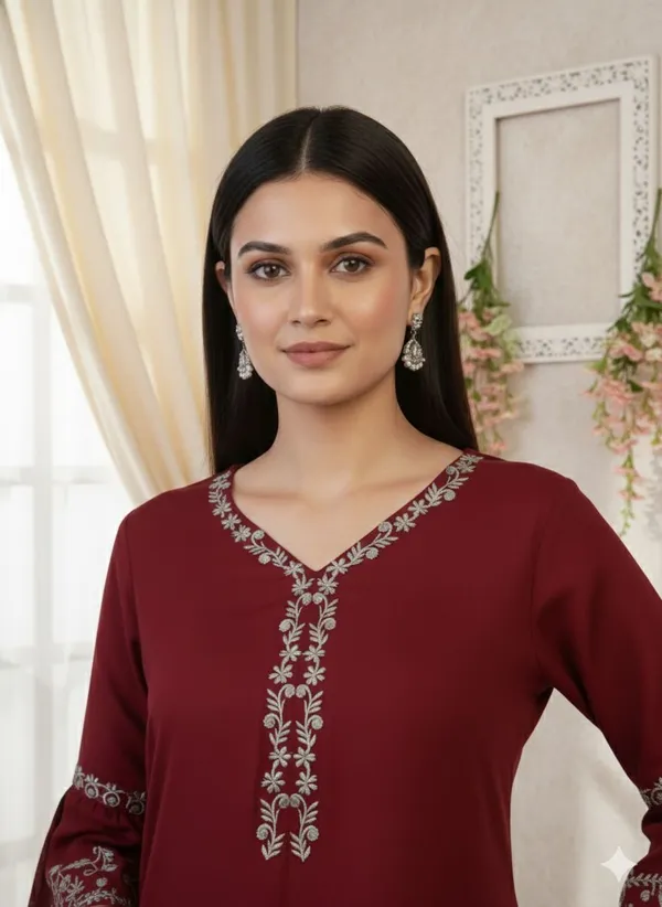 Mahira's_Comfort_Women_Embroidered_A-line_Kurta_Maroon