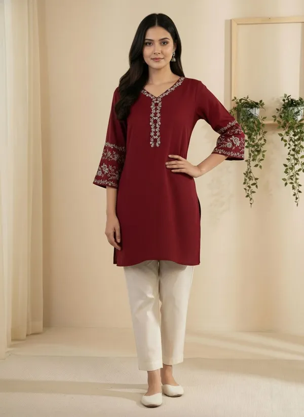 Mahira's_Comfort_Women_Embroidered_A-line_Kurta_Maroon