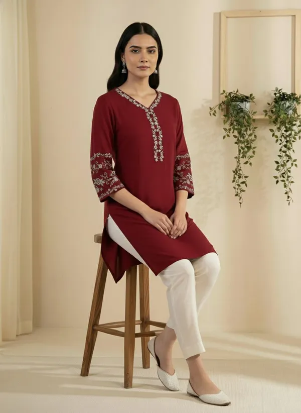 Mahira's_Comfort_Women_Embroidered_A-line_Kurta_Maroon