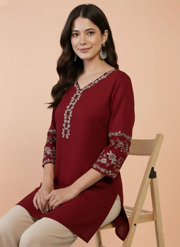 Mahira's_Comfort_Women_Embroidered_A-line_Kurta_Maroon