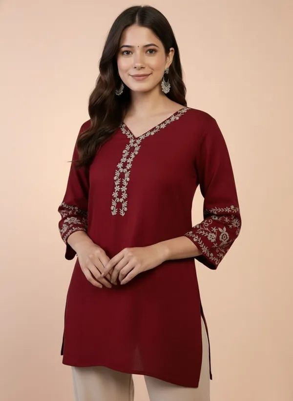 Mahira's_Comfort_Women_Embroidered_A-line_Kurta_Maroon