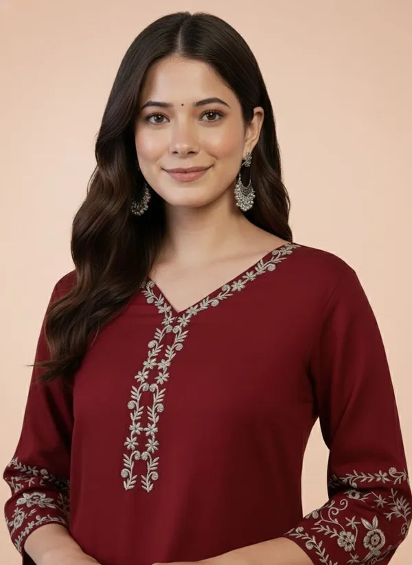 Mahira's_Comfort_Women_Embroidered_A-line_Kurta_Maroon