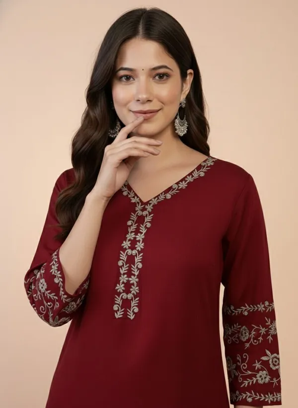 Mahira's_Comfort_Women_Embroidered_A-line_Kurta_Maroon