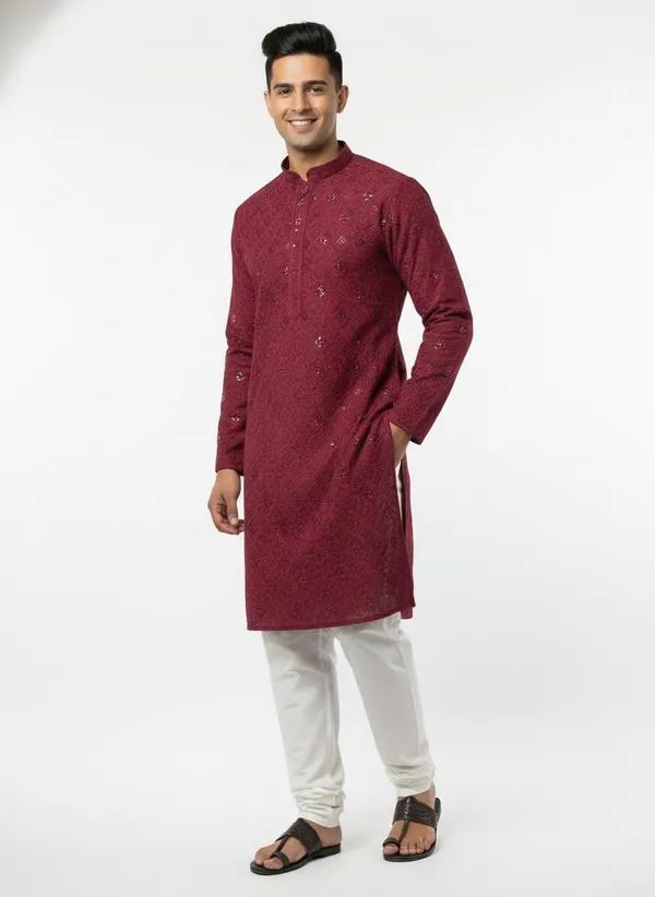 Vedkart_Men's_Blue_Lakhnavi_Kurta_|_Chikankari_Embroidery_Cotton_Kurta_|_Ethnic_Wear_for_Wedding_&_Festival_-_Maroon