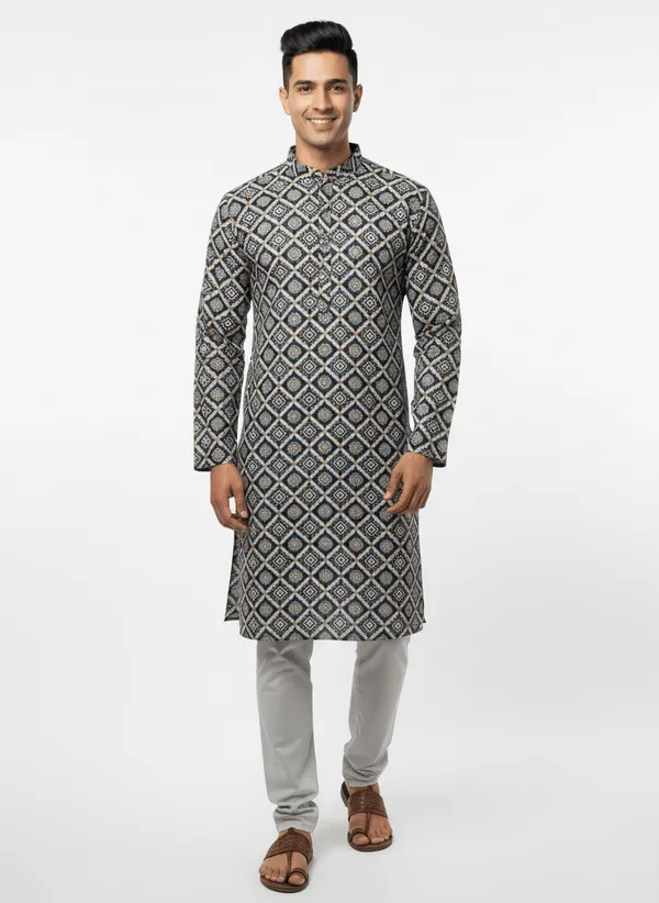 Grey_Premium_Jacquard_Zebra_Sequence_Kurta_For_Men