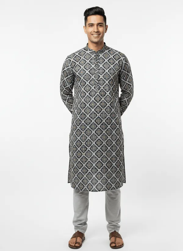 Grey_Premium_Jacquard_Zebra_Sequence_Kurta_For_Men