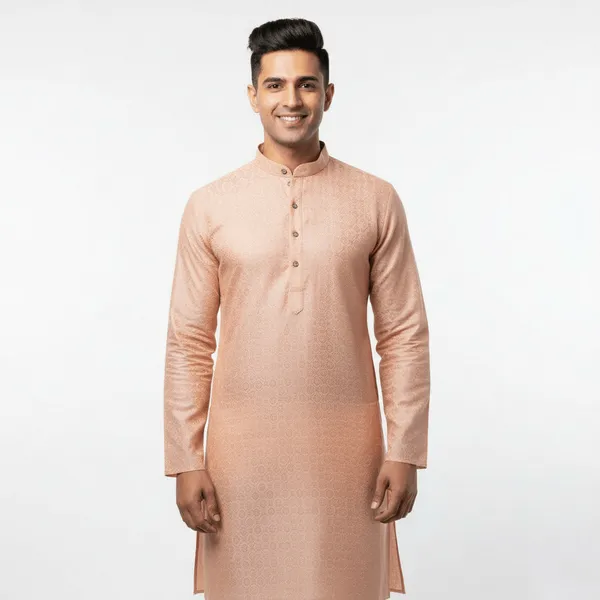 Pink_Premium_Jacquard_Stand_Collar_Full_Sleeve_Kurta_Set_With_Zari_Embroidery_For_Men