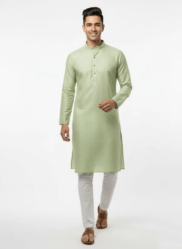 Green_Premium_Jacquard_Round_Collar_Full_Sleeve_Kurta_Set_With_Zari_Embroidery_For_Men