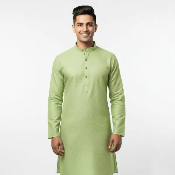 Green_Premium_Jacquard_Round_Collar_Full_Sleeve_Kurta_Set_With_Zari_Embroidery_For_Men