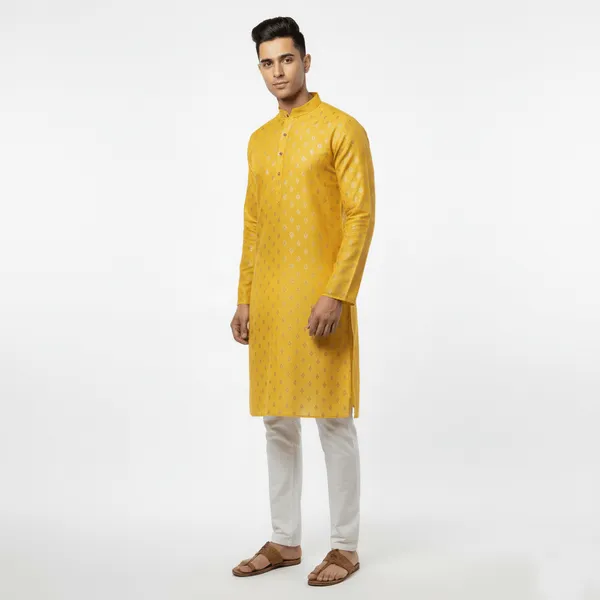 Yellow_Jacquard_Silk_Kurta_With_Zari_Embroidery,_Luppi_Work_For_Men