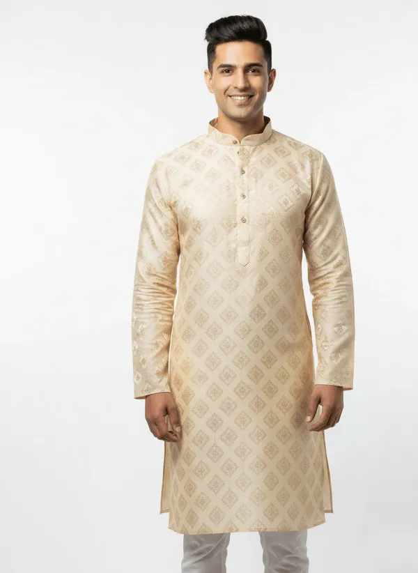 Cream_Jacquard_Silk_Kurta_With_Zari_Embroidery,_Luppi_Work_For_Men