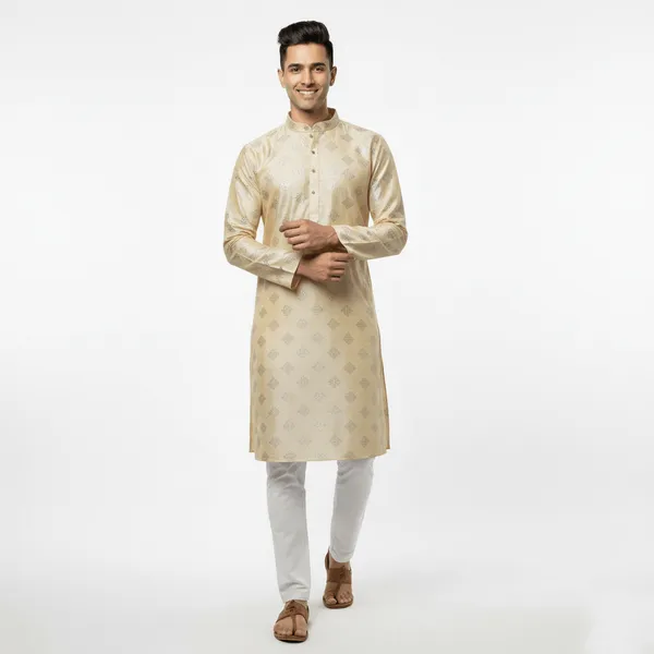 Cream_Jacquard_Silk_Kurta_With_Zari_Embroidery,_Luppi_Work_For_Men